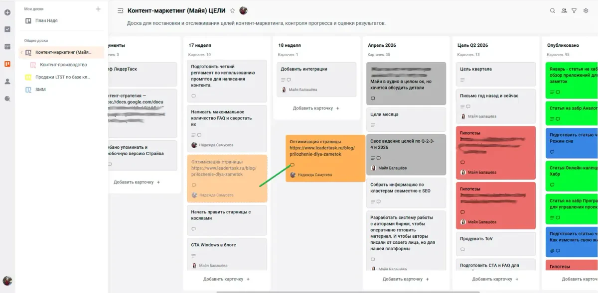 перемещение карточек между столбцами лидертаск